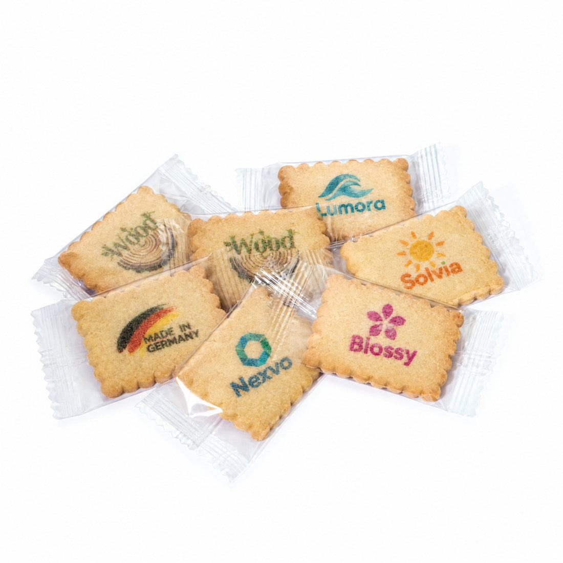 4-farbig bedruckter Vanille-Butterkeks einzeln in Klarsichtfolie – Werbekeks mit Logo von logolini