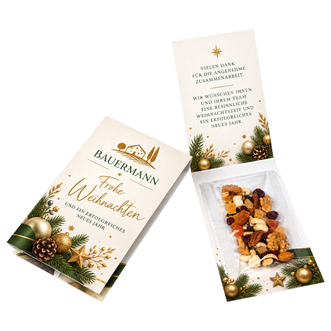 Nuss-Frucht-Mischung in weihnachtlicher DIN-lang-Karte mit Logo – Weihnachtsmailing von logolini