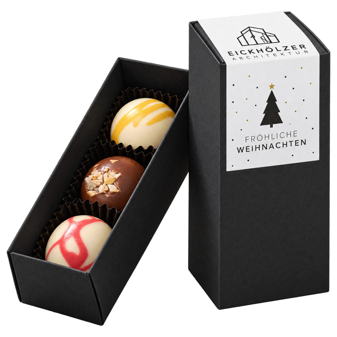 3 Premium-Pralinen in schwarzer Kartonage mit weihnachtlichem Werbeetikett – Weihnachtsgeschenk mit Logo von logolini